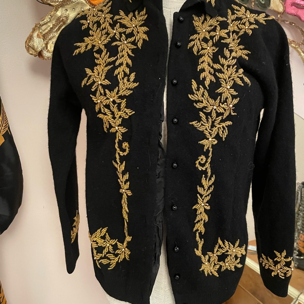 Vintage Black and Gold Embroidered Cardigan Sweater Angora w lining